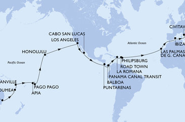 Austrálie, Nová Kaledonie, Vanuatu, Samoa, Americká Samoa, USA, Mexiko, Kostarika, , Panama, Dominikánská republika, Britské Panenské ostrovy, Svatý Martin, Španělsko, Itálie ze Sydney na lodi MSC Magnifica