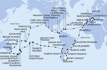 Itálie, Francie, Španělsko, Velká Británie, Maroko, Kapverdy, Brazílie, Argentina, Zámořské území Velké Británie, Chile, Francouzská Polynésie, Cookovy ostrovy, Nový Zéland, Austrálie, Nová Kaledonie, Vanuatu, Samoa, Americká Samoa, USA, Mexiko, Kostarika, , Panama, Dominikánská republika, Britské Panenské ostrovy, Svatý Martin z Janova na lodi MSC Magnifica