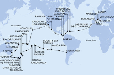 Chile, Zámořské území Velké Británie, Francouzská Polynésie, Cookovy ostrovy, Nový Zéland, Austrálie, Nová Kaledonie, Vanuatu, Samoa, Americká Samoa, USA, Mexiko, Kostarika, , Panama, Dominikánská republika, Britské Panenské ostrovy, Svatý Martin, Španělsko, Itálie, Francie z Valparaisa na lodi MSC Magnifica
