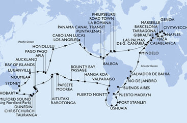 Španělsko, Velká Británie, Maroko, Kapverdy, Brazílie, Argentina, Zámořské území Velké Británie, Chile, Francouzská Polynésie, Cookovy ostrovy, Nový Zéland, Austrálie, Nová Kaledonie, Vanuatu, Samoa, Americká Samoa, USA, Mexiko, Kostarika, , Panama, Dominikánská republika, Britské Panenské ostrovy, Svatý Martin, Itálie, Francie z Barcelony na lodi MSC Magnifica