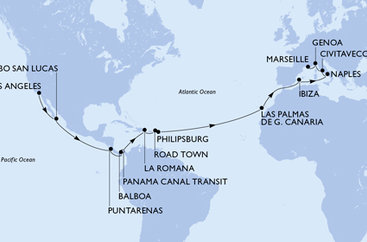 USA, Mexiko, Kostarika, , Panama, Dominikánská republika, Britské Panenské ostrovy, Svatý Martin, Španělsko, Itálie, Francie na lodi MSC Magnifica