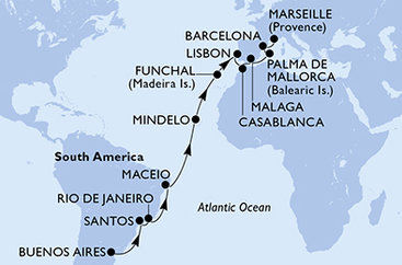 Argentina, Brazílie, Kapverdy, Portugalsko, Maroko, Španělsko, Francie z Buenos Aires na lodi MSC Seaview