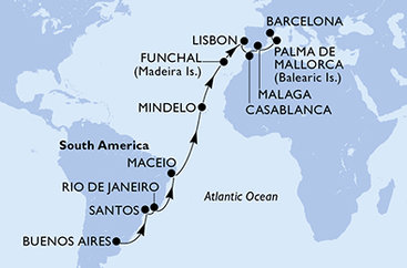 Argentina, Brazílie, Kapverdy, Portugalsko, Maroko, Španělsko z Buenos Aires na lodi MSC Seaview