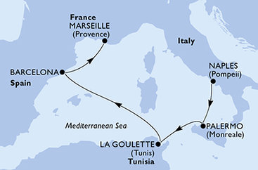 Itálie, Tunisko, Španělsko, Francie z Neapole na lodi MSC Euribia