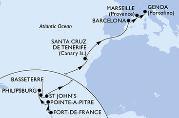 Martinik, Guadeloupe, Svatý Martin, Svatý Kryštof a Nevis, Antigua a Barbuda, Španělsko, Francie, Itálie z Fort-de-France na lodi MSC World Europa