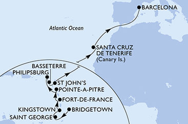 Barbados, Grenada, Svatý Vincenc a Grenadiny, Martinik, Guadeloupe, Svatý Martin, Svatý Kryštof a Nevis, Antigua a Barbuda, Španělsko z Bridgetownu na lodi MSC World Europa