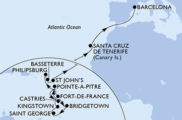 Martinik, Guadeloupe, Svatá Lucie, Barbados, Grenada, Svatý Vincenc a Grenadiny, Svatý Martin, Svatý Kryštof a Nevis, Antigua a Barbuda, Španělsko z Fort-de-France na lodi MSC World Europa