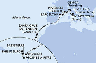 Guadeloupe, Svatý Martin, Svatý Kryštof a Nevis, Antigua a Barbuda, Španělsko, Francie, Itálie z Pointe-à-Pitre na lodi MSC World Europa