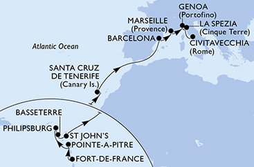 Martinik, Guadeloupe, Svatý Martin, Svatý Kryštof a Nevis, Antigua a Barbuda, Španělsko, Francie, Itálie z Fort-de-France na lodi MSC World Europa