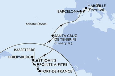 Martinik, Guadeloupe, Svatý Martin, Svatý Kryštof a Nevis, Antigua a Barbuda, Španělsko, Francie z Fort-de-France na lodi MSC World Europa