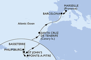 Guadeloupe, Svatý Martin, Svatý Kryštof a Nevis, Antigua a Barbuda, Španělsko, Francie z Pointe-à-Pitre na lodi MSC World Europa