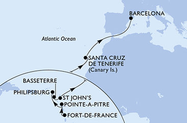Martinik, Guadeloupe, Svatý Martin, Svatý Kryštof a Nevis, Antigua a Barbuda, Španělsko z Fort-de-France na lodi MSC World Europa