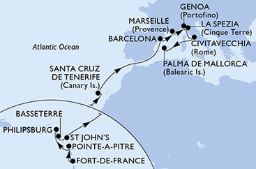 Martinik, Guadeloupe, Svatý Martin, Svatý Kryštof a Nevis, Antigua a Barbuda, Španělsko, Francie, Itálie z Fort-de-France na lodi MSC World Europa