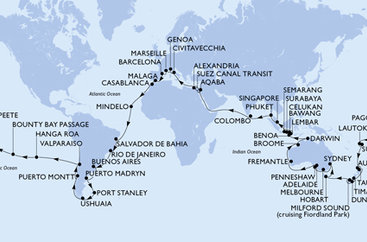 Itálie, Francie, Španělsko, Maroko, Kapverdy, Brazílie, Argentina, Zámořské území Velké Británie, Chile, Francouzská Polynésie, Americká Samoa, , Fidži, Nový Zéland, Austrálie, Indonésie, Singapur, Thajsko, Srí Lanka, Jordánsko, Egypt z Janova na lodi MSC Magnifica