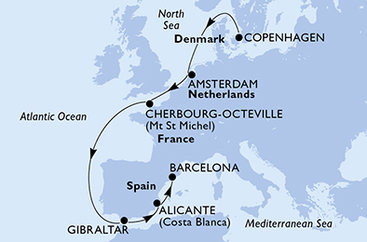 Dánsko, Nizozemsko, Francie, Velká Británie, Španělsko z Kodaně na lodi MSC Euribia