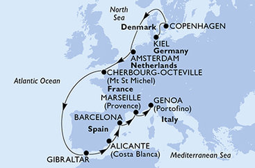 Německo, Dánsko, Nizozemsko, Francie, Velká Británie, Španělsko, Itálie z Kielu na lodi MSC Euribia