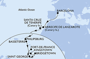 Španělsko, Svatý Martin, Svatý Kryštof a Nevis, Svatý Vincenc a Grenadiny, Barbados, Grenada, Martinik z Barcelony na lodi MSC World Europa