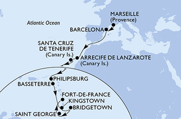 Francie, Španělsko, Svatý Martin, Svatý Kryštof a Nevis, Svatý Vincenc a Grenadiny, Barbados, Grenada, Martinik z Marseille na lodi MSC World Europa