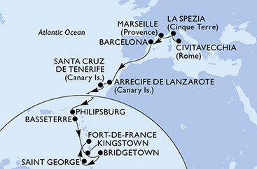 Itálie, Francie, Španělsko, Svatý Martin, Svatý Kryštof a Nevis, Svatý Vincenc a Grenadiny, Barbados, Grenada, Martinik z Civitavecchia na lodi MSC World Europa