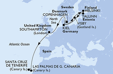 Dánsko, Švédsko, Finsko, Estonsko, Německo, Velká Británie, Španělsko z Kodaně na lodi MSC Euribia