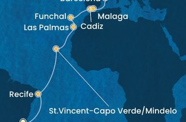 Brazílie, Kapverdy, Španělsko, Portugalsko, Francie, Itálie z Rio de Janeira na lodi Costa Serena