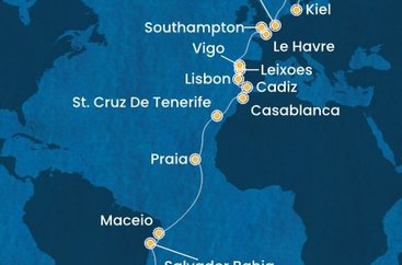 Brazílie, Kapverdy, Španělsko, Maroko, Portugalsko, Francie, Velká Británie, Belgie, Německo z Rio de Janeira na lodi Costa Diadema