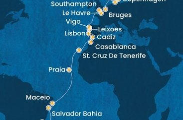 Brazílie, Santiago, Tenerife, Maroko, Španělsko, Portugalsko, Francie, Velká Británie, Belgie, Německo, Dánsko z Rio de Janeira na lodi Costa Diadema