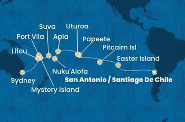 Chile, Zámořské území Velké Británie, Francouzská Polynésie, Zámořské společenství Francie, Samoa, Tonga, Fidži, Vanuatská republika, Nová Kaledonie, Austrálie ze San Antonio na lodi Costa Deliziosa