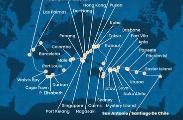 Chile, Zámořské území Velké Británie, Francouzská Polynésie, Zámořské společenství Francie, Samoa, Tonga, Fidži, Vanuatská republika, Nová Kaledonie, Austrálie, Papua Nová Guinea, Japonsko, Jižní Korea, Tchaj-wan, Čína, Vietnam, Singapur, Malajsie, Srí Lanka, Maledivy, Mauricius, Jihoafrická republika, Namibie, Kapverdy, Španělsko ze San Antonio na lodi Costa Deliziosa