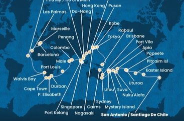 Chile, Zámořské území Velké Británie, Francouzská Polynésie, Zámořské společenství Francie, Samoa, Tonga, Fidži, Vanuatská republika, Nová Kaledonie, Austrálie, Papua Nová Guinea, Japonsko, Jižní Korea, Tchaj-wan, Čína, Vietnam, Singapur, Malajsie, Srí Lanka, Maledivy, Mauricius, Jihoafrická republika, Namibie, Kapverdy, Španělsko, Francie ze San Antonio na lodi Costa Deliziosa