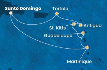 Dominikánská republika, Martinik, Guadeloupe, Svatý Kryštof a Nevis, Antigua a Barbuda, Britské Panenské ostrovy ze Santo Dominga na lodi Costa Favolosa