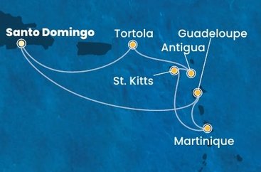 Dominikánská republika, Guadeloupe, Martinik, Svatý Kryštof a Nevis, Antigua a Barbuda, Britské Panenské ostrovy ze Santo Dominga na lodi Costa Favolosa