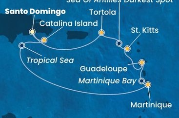 Dominikánská republika, , Martinik, Zámořský departement Francie, Guadeloupe, Svatý Kryštof a Nevis, Jamajka, Britské Panenské ostrovy ze Santo Dominga na lodi Costa Fascinosa