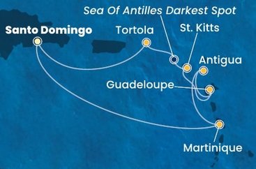 Dominikánská republika, Martinik, Antigua a Barbuda, Guadeloupe, Svatý Kryštof a Nevis, Britské Panenské ostrovy ze Santo Dominga na lodi Costa Fascinosa