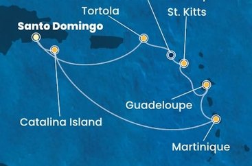 Dominikánská republika, Martinik, Guadeloupe, Svatý Kryštof a Nevis, Britské Panenské ostrovy ze Santo Dominga na lodi Costa Fascinosa