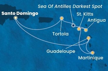 Dominikánská republika, Guadeloupe, Martinik, Svatý Kryštof a Nevis, Antigua a Barbuda, Britské Panenské ostrovy ze Santo Dominga na lodi Costa Favolosa