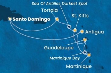 Dominikánská republika, Antigua a Barbuda, Martinik, Guadeloupe, Svatý Kryštof a Nevis, Britské Panenské ostrovy ze Santo Dominga na lodi Costa Favolosa