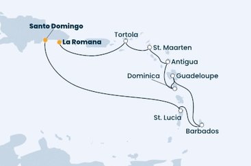 Dominikánská republika, Svatá Lucie, Barbados, Guadeloupe, Dominika, Antigua a Barbuda, Svatý Martin, Britské Panenské ostrovy ze Santo Dominga na lodi Costa Pacifica