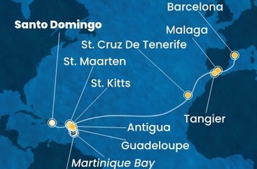 Dominikánská republika, Svatý Martin, Martinik, Guadeloupe, Svatý Kryštof a Nevis, Antigua a Barbuda, Španělsko, Maroko ze Santo Dominga na lodi Costa Favolosa