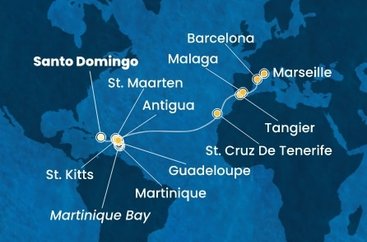 Dominikánská republika, Svatý Martin, Martinik, Guadeloupe, Svatý Kryštof a Nevis, Antigua a Barbuda, Španělsko, Maroko, Francie ze Santo Dominga na lodi Costa Favolosa