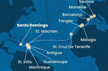 Dominikánská republika, Svatý Martin, Martinik, Guadeloupe, Svatý Kryštof a Nevis, Antigua a Barbuda, Španělsko, Maroko, Francie, Itálie ze Santo Dominga na lodi Costa Favolosa