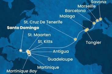 Dominikánská republika, Svatý Martin, Martinik, Guadeloupe, Svatý Kryštof a Nevis, Antigua a Barbuda, Španělsko, Maroko, Francie, Itálie ze Santo Dominga na lodi Costa Favolosa