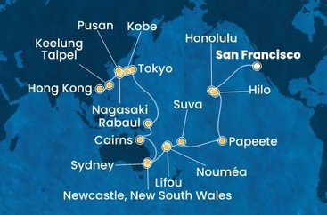 USA, Francouzská Polynésie, Fidži, Nová Kaledonie, Austrálie, Papua Nová Guinea, Japonsko, Jižní Korea, Tchaj-wan, Čína ze San Francisca na lodi Costa Deliziosa