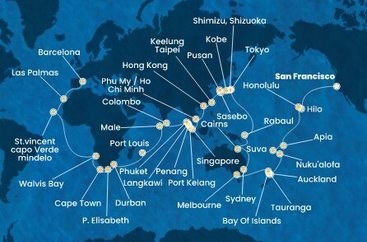 USA, Samoa, Fidži, Tonga, Nový Zéland, Austrálie, Papua Nová Guinea, Japonsko, Jižní Korea, Tchaj-wan, Čína, Vietnam, Singapur, Malajsie, Thajsko, Srí Lanka, Maledivy, Mauricius, Jihoafrická republika, Namibie, Kapverdy, Španělsko ze San Francisca na lodi Costa Deliziosa