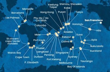 USA, Samoa, Fidži, Tonga, Nový Zéland, Austrálie, Papua Nová Guinea, Japonsko, Jižní Korea, Tchaj-wan, Čína, Vietnam, Singapur, Malajsie, Thajsko, Srí Lanka, Maledivy, Mauricius, Jihoafrická republika, Namibie, Kapverdy, Španělsko, Francie ze San Francisca na lodi Costa Deliziosa