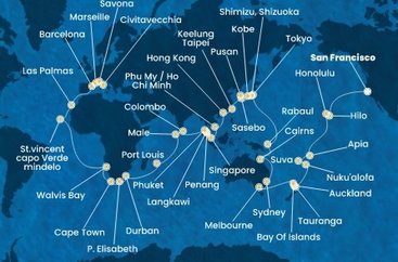 USA, Samoa, Fidži, Tonga, Nový Zéland, Austrálie, Papua Nová Guinea, Japonsko, Jižní Korea, Tchaj-wan, Čína, Vietnam, Singapur, Malajsie, Thajsko, Srí Lanka, Maledivy, Mauricius, Jihoafrická republika, Namibie, Kapverdy, Španělsko, Francie, Itálie ze San Francisca na lodi Costa Deliziosa