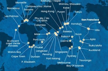 USA, Samoa, Fidži, Tonga, Nový Zéland, Austrálie, Papua Nová Guinea, Japonsko, Jižní Korea, Tchaj-wan, Čína, Vietnam, Singapur, Malajsie, Thajsko, Srí Lanka, Maledivy, Mauricius, Jihoafrická republika, Namibie, Kapverdy, Španělsko, Francie, Itálie ze San Francisca na lodi Costa Deliziosa