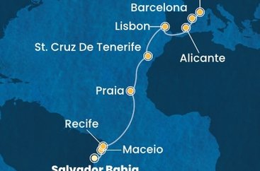 Brazílie, Kapverdy, Španělsko, Portugalsko, Francie ze Salvadoru na lodi Costa Pacifica