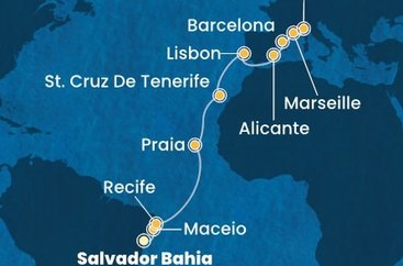 Brazílie, Kapverdy, Španělsko, Portugalsko, Francie, Itálie ze Salvadoru na lodi Costa Pacifica