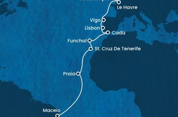 Brazílie, Kapverdy, Španělsko, Portugalsko, Francie, Velká Británie, Nizozemsko ze Salvadoru na lodi Costa Diadema
